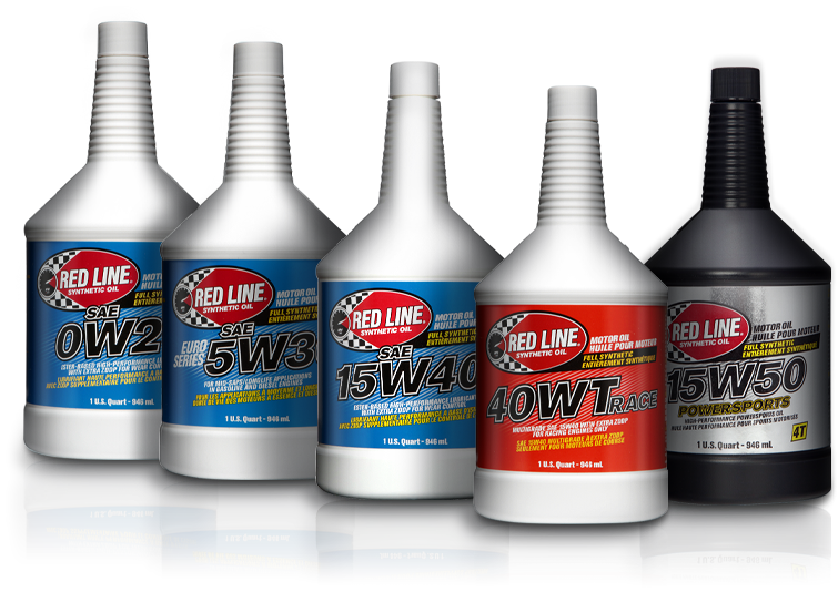 Five bottles of Red Line Oil Motor Oil: 0W20, 5W30, 15W40, 40WT Race Oil, 15W50 Powersports