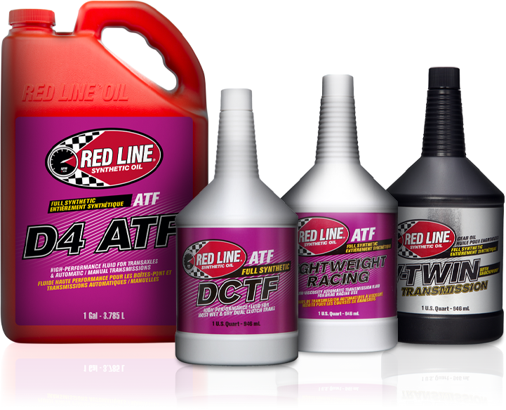 Four bottles of Red Line Oil Automatic Transmission Fluid: D4 ATF, DCTF, Lightweight Racing ATF, V-Twin