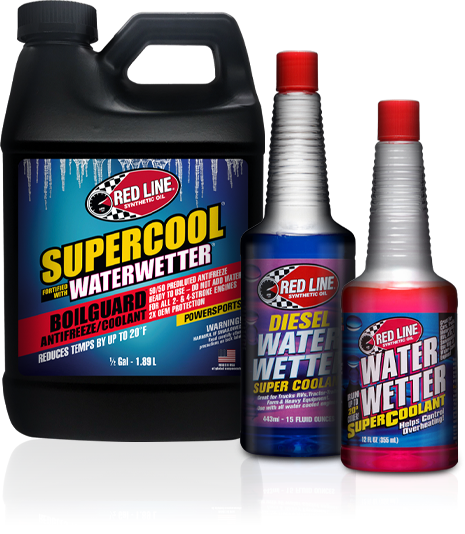Three bottles of Red Line Oil Coolants: Supercool with WaterWetter®, Diesel WaterWetter®, WaterWetter®