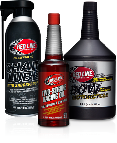 Three Red Line Oil bottles: Chain Lube, Two Stroke Racing Oil, 80W Motorcycle Oil