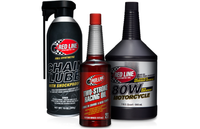 Three Red Line Oil bottles: Chain Lube, Two Stroke Racing Oil, 80W Motorcycle Oil