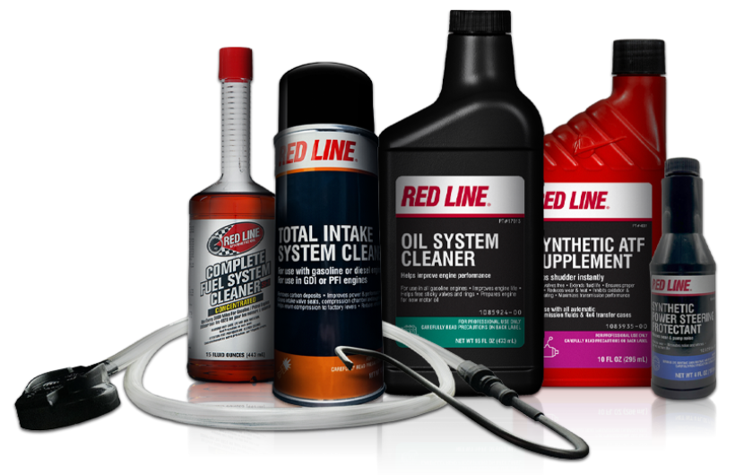 Five bottles of Red Line Oil: Intake System Cleaner, Oil System Cleaner, ATF Supplement, Complete Fuel System Cleaner, Power Steering Protectant